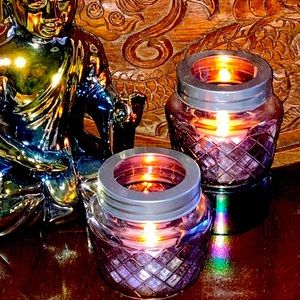 New! Set of 2 Purple Iridescent Hobnal Glass Votive Metal Accents 2 LED Tealight